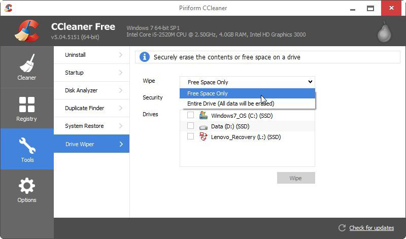 CCleaner Free erase drive